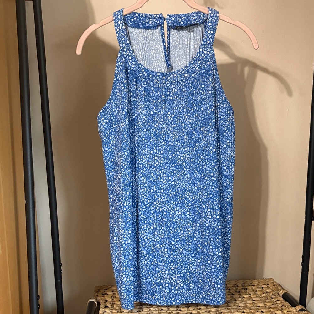 Adrianna Papell Blue Floral Scoop Neck Mini Dress